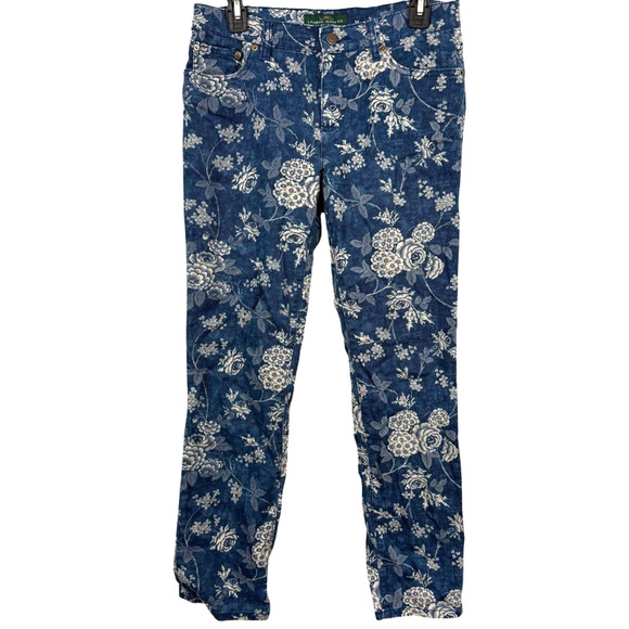 Lauren Ralph Lauren Stretch Cotton Floral Blue Jeans Mid Rise Straight Leg sz 6 - Picture 1 of 16